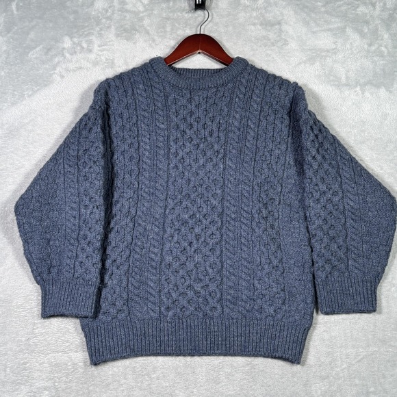 Aran Sweater Market Sweater Mens S/M Blue Wool Cable Knit Ireland Crewneck
